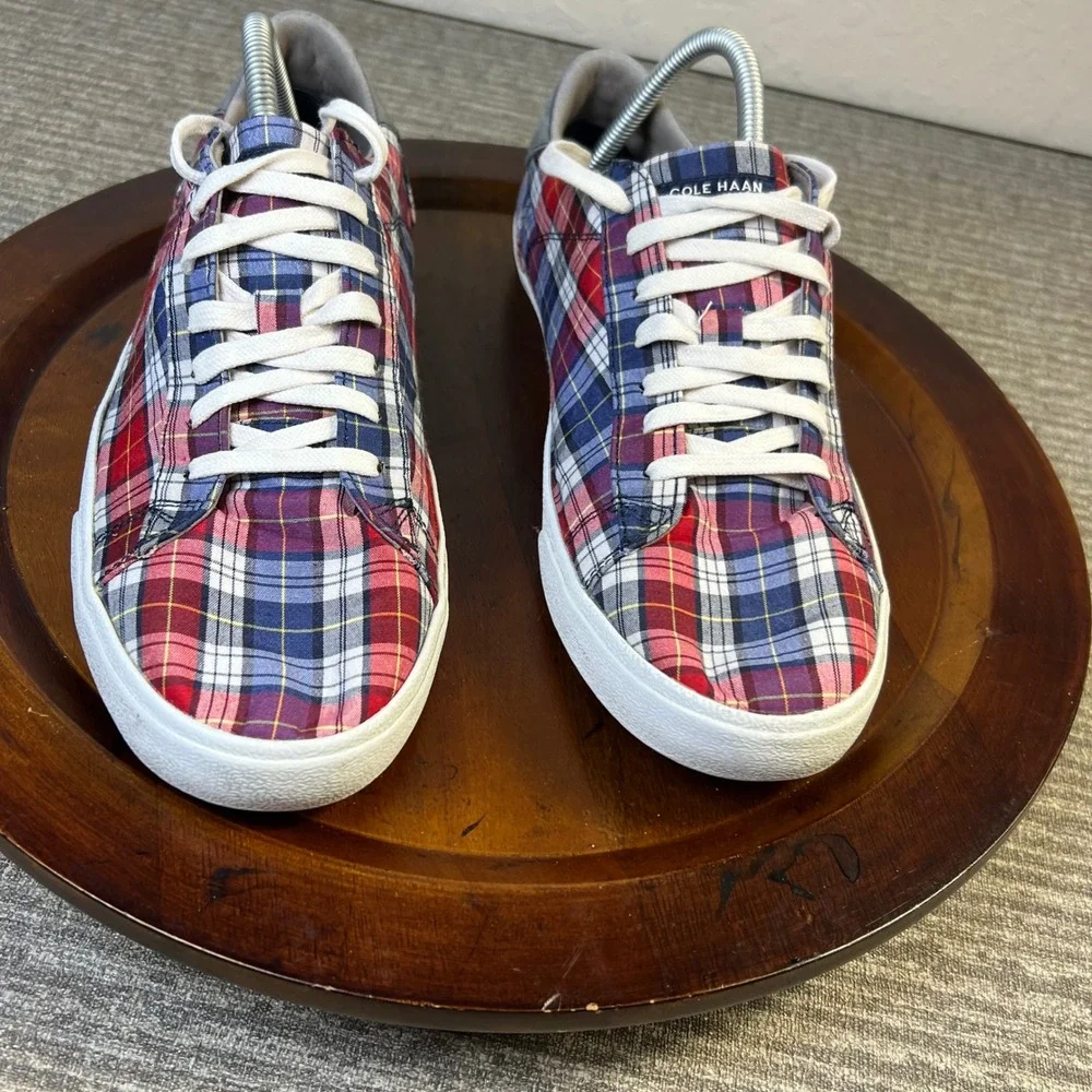 Cole Haan Trafton Club Court 9 Plaid Canvas Low Top Sneakers Red White B C25700